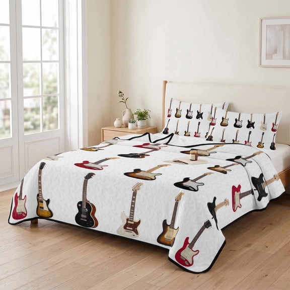 68x98in Quilt Bedding Set, Vintage Musical Instrument Lightweight Coverlet Summer Comforter Set Soft Microfiber Bedspread, Cartoon Guitar Bass 3 Piece Quilt Set with 2 Pillow Shams All Seasons Use