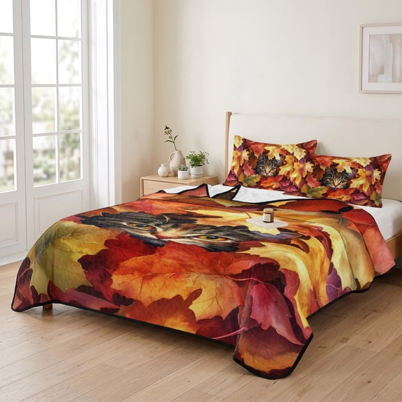 68x98in Quilt Bedding Set, Watercolor Cute Cat Lightweight Coverlet Summer Comforter Set Soft Microfiber Bedspread, Thanksgiving Maple Leaf 3 Piece Quilt Set with 2 Pillow Shams All Seasons Use