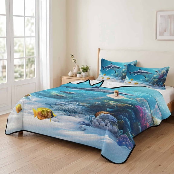 68x98in Quilt Bedding Set, Watercolor Ocean Shark Coral Fish Lightweight Coverlet Summer Comforter Set Soft Microfiber Bedspread, Underwater Animal 3 Piece Quilt Set with 2 Pillow Shams