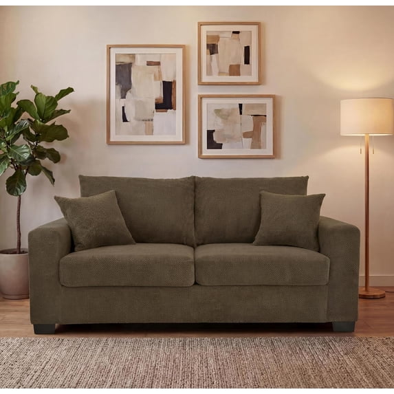 69" 2 Seater Loveseat Sofa, Chenille Comfy Upholstered Small Couch with 2 Throw Pillows for Living Room, Apartment, Office (Coffee)