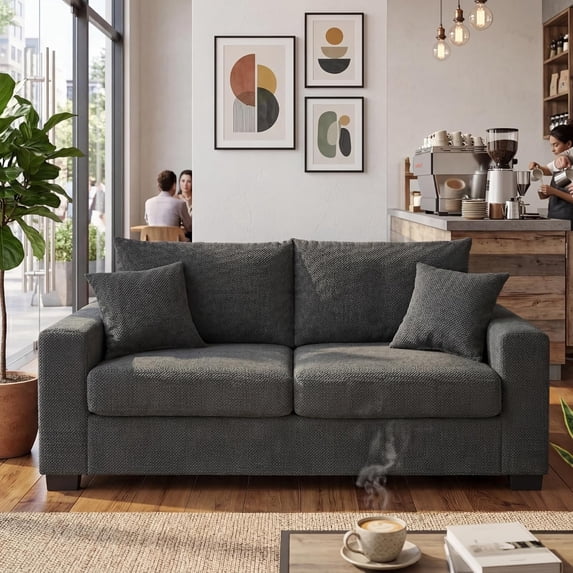 69" 2 Seater Loveseat Sofa, Chenille Comfy Upholstered Small Couch with 2 Throw Pillows for Living Room, Apartment, Office (Dark Grey)