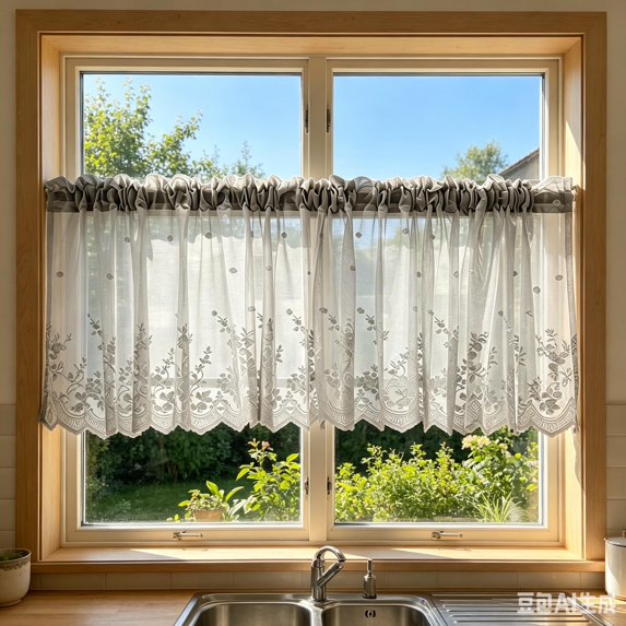 69" × 22" Embroidered Lace Sheer Kitchen Curtain Valance, Rod Pocket Floral Window Treatment for Small Windows