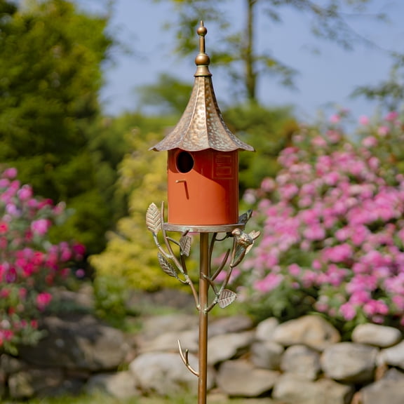 69.25" Tall Iron & Orange Porcelain Birdhouse Stake "Amsterdam"