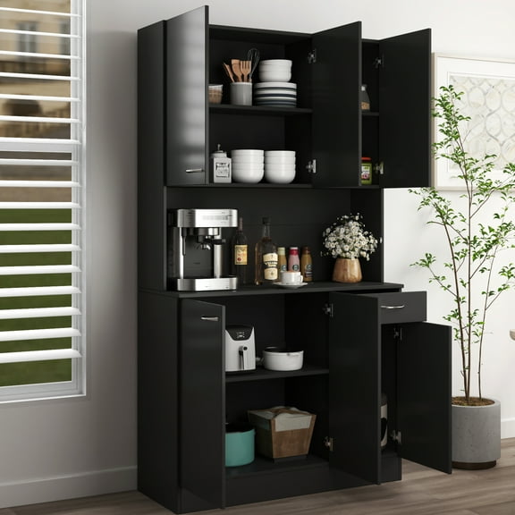 69.28" Tall Wardrobe In Black For Bedroom. 6-doors, 1-open Shelf, 1. A Sleek And Look Bedroom Wardrobe, Tall. 6 Doors, 1 Open Drawer. Long-term Storage