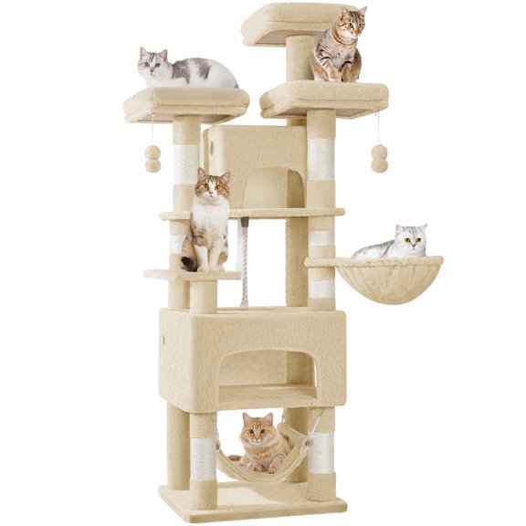 Cat Tree, 69.3‑Inch Tall Multi‑Level Cat Tower for Indoor Cats with 7 Sisal Scratching Posts, 3 Platforms and 2 Cat Caves, Suitable for Indoor Cats, Beige