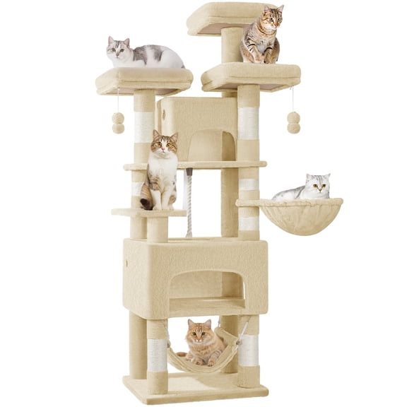 69.3" Cat Tree,7 Sisal Posts,3 Platforms,2 Caves,Suit for Indoor Cat,Beige