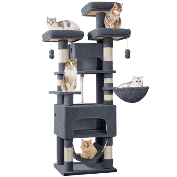 Cat Tree, 69.3‑Inch Tall Multi‑Level Cat Tower for Indoor Cats with 7 Sisal Scratching Posts, 3 Platforms and 2 Cat Caves, Suitable for Indoor Cats, Dark Gray