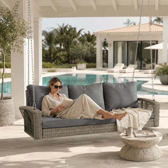 69" 3-Person PE Wicker Porch Swing with Heavy-Duty Chains, All-Weather Outdoor Patio Swing Bench with Cushions, Rattan Hanging Swing Chair for Backyard, Garden, Deck & Poolside (Gray 3 Person Swing)