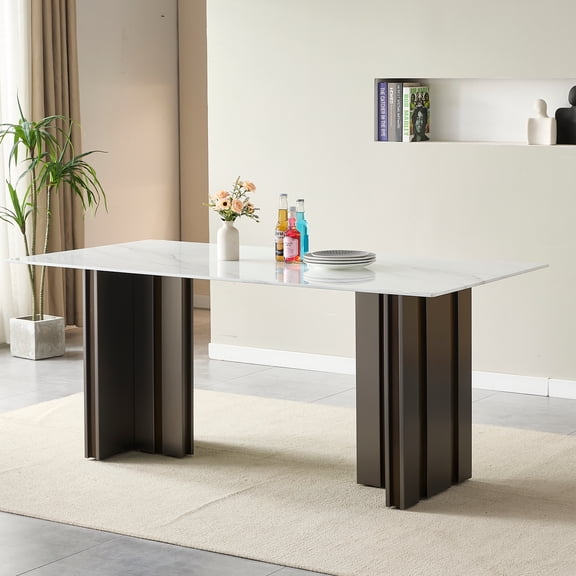 69.3" White Marble Texture Tempered Glass Rectangular Dining Table