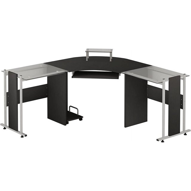 69" Modern LShaped Tempered Glass Office Computer Desk with Elevated