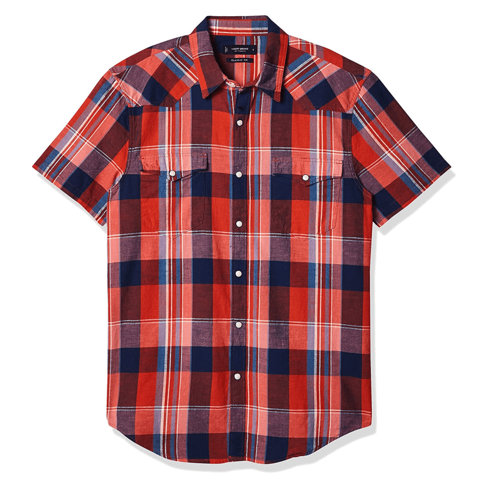 $69.50 Lucky Brand Men's Short Sleeve Button Up Mesa Western Shirt, Red Plaid,XL