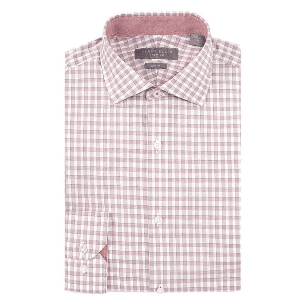 $69.50 Perry Ellis Premium Non-Iron Slim Fit Berry Plaid Dress Shirt [17.5  34/35 - Walmart Business Supplies