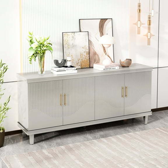 69.55'' 4-door Cabinet, Champagne Hue. & Solid Wood. Ample Storage With Double Compartments. Customizable Adjustable Shelves. 330 Lbs Desktop Load Capacity. 66 Cabinet Laminate Capacity In