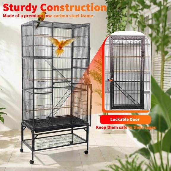 69.5in Black 3-Tier Divided Breeding Bird Cage, Separated Large Parrot Cage with Climbing Ladders, Multi-Compartment Bird Enclosure for Commercial & Home Breeding
