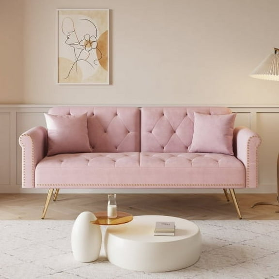 69.7-Inch Sofa Bed, Pink Velvet, Nail Head Trim, Matching Throw Pillow