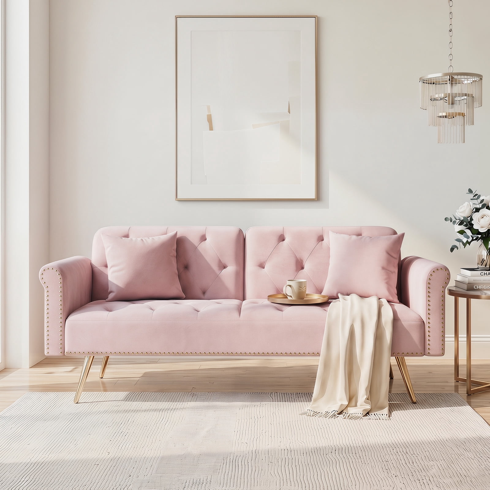 69.7" Ultra-Soft Pink Velvet Convertible Sofa Bed, Nailhead Trim with Cozy Matching Throw Pillow