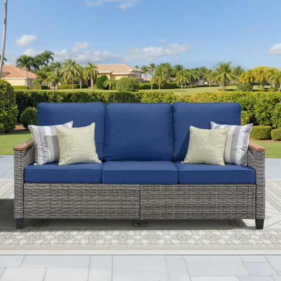 69.7" Wide Outdoor Wicker Patio Sofa, Deep Seating Outdoor Couch with Cushions for Porch Garden, Blue