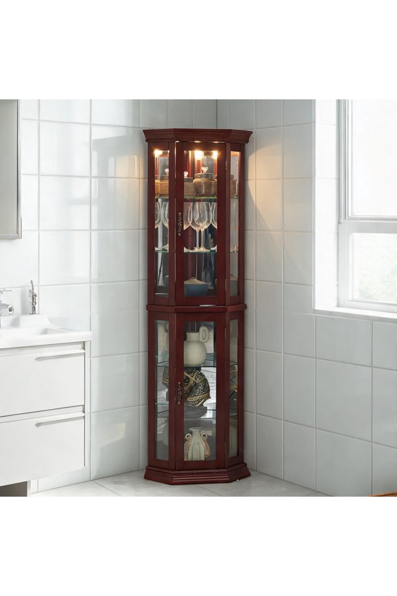 69.75 Inch Tall Lighted Corner Curio Display Cabinet, Cherry Finish, MDF Frame with Adjustable Tempered Glass Shelves
