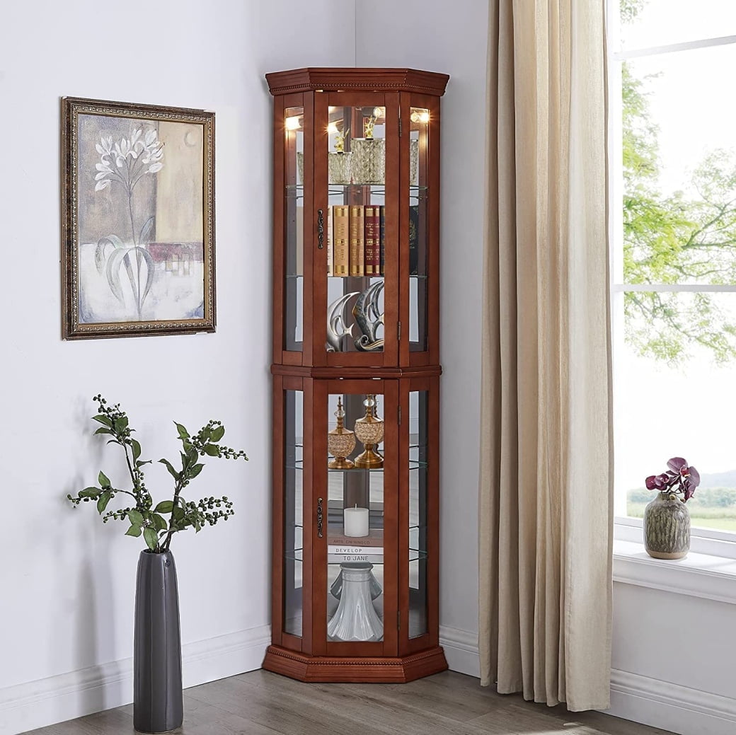 Corner Curio Cabinet with Lights Adjustable Tempered Glass Shelves Mirrored Back Display Cabinet Light Bulb Not Included Walnut
