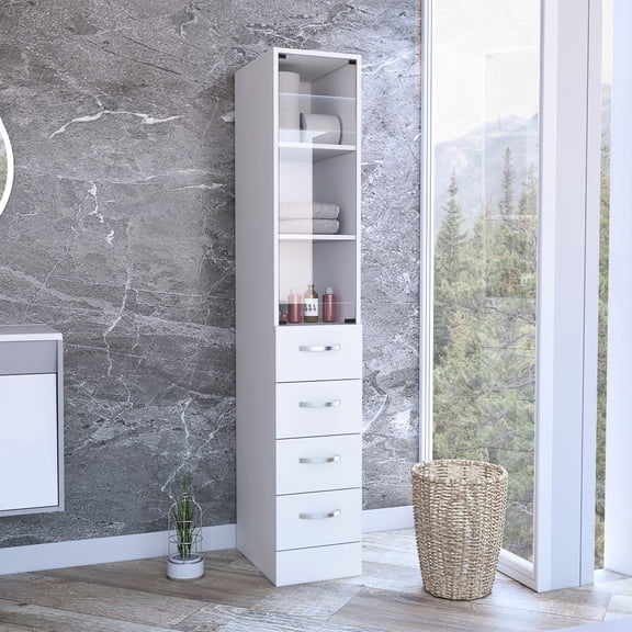 69.9" H Freestanding Bathroom Linen Cabinet, White With 4 Drawers & 3 Shelves, Intuitive Build And Metal Handles Locking Mechanism