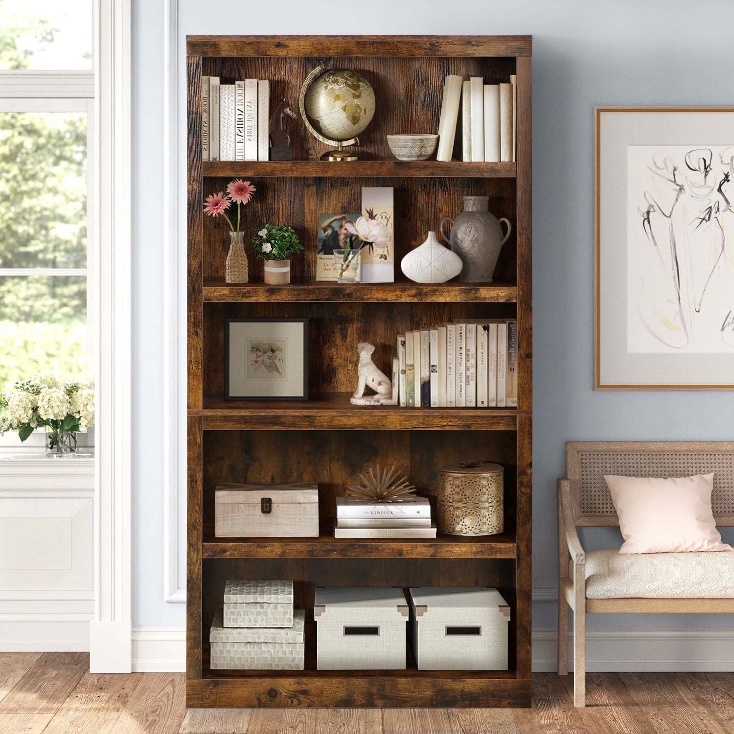 69.9" Tall Bookcase, 5-Tier Bookshelf Wood Bookshelves for Home Living Room Office, Brown