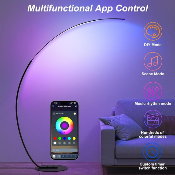 69.99 Inch RGBW Arched LED Floor Lamp with Remote Control, Dimmable Color Changing Curved Standing Light, Modern Black Ambient Reading Lamp for Bedroom and Living Room