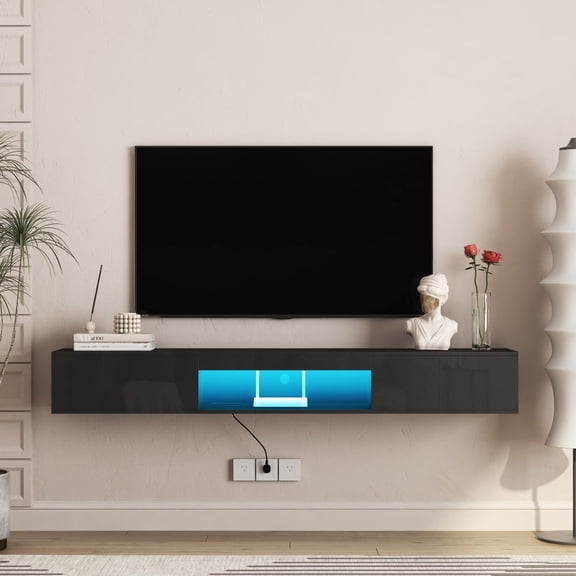 69" Black Floating TV Stand with 16-Color LED Lights, Wall-Mounted Entertainment Center for 55-69 Inch TVs