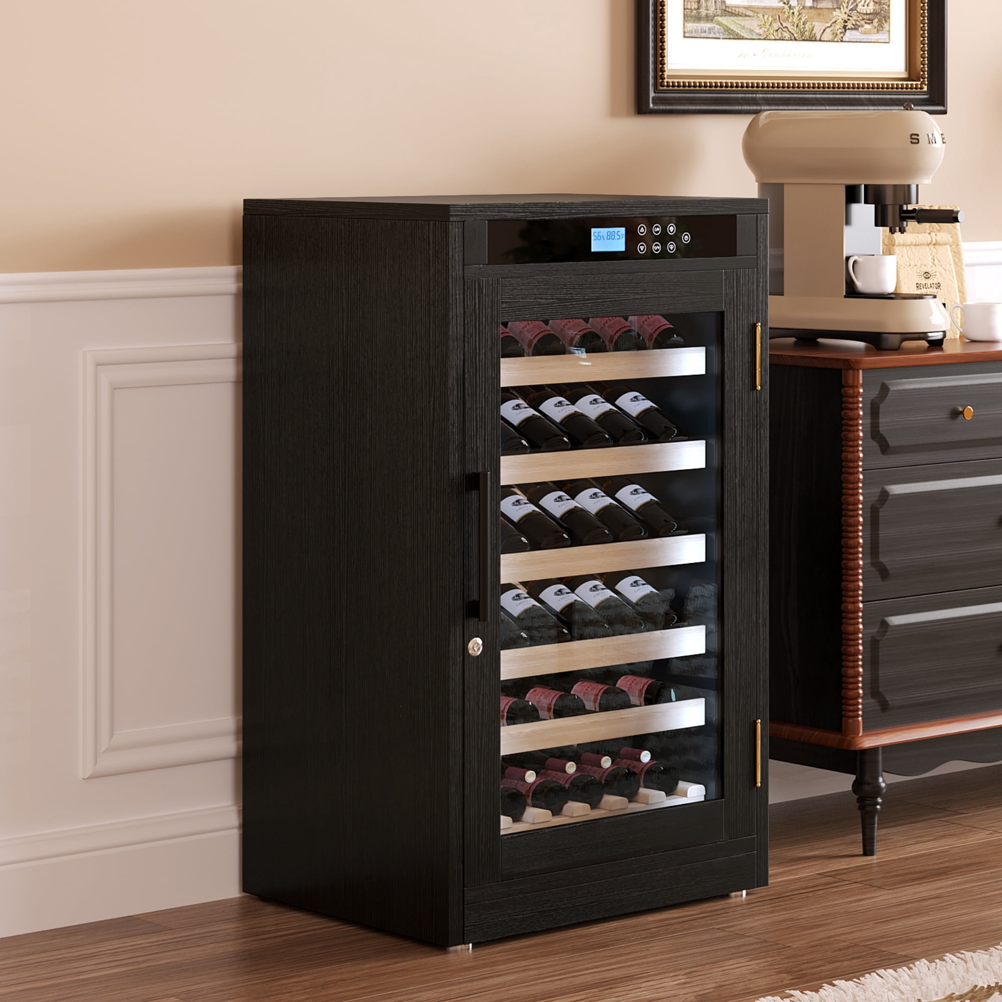 69-Bottle Freestanding Black Wine Fridge | Touch screen control, light-blocking glass, and precise temp regulation for optimal aging