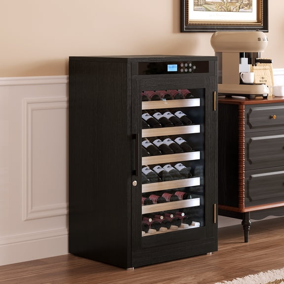 69-Bottle Freestanding Black Wine Fridge | Touch screen control, light-blocking glass, and precise temp regulation for optimal aging