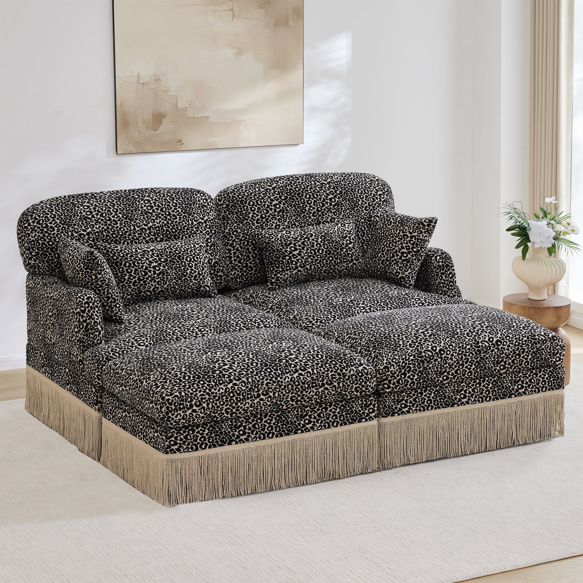 69" Chenille Leopard Tassel Deep Seat Loveseat Sofa Couch with 2 Ottoman and 4 Throw Pillows