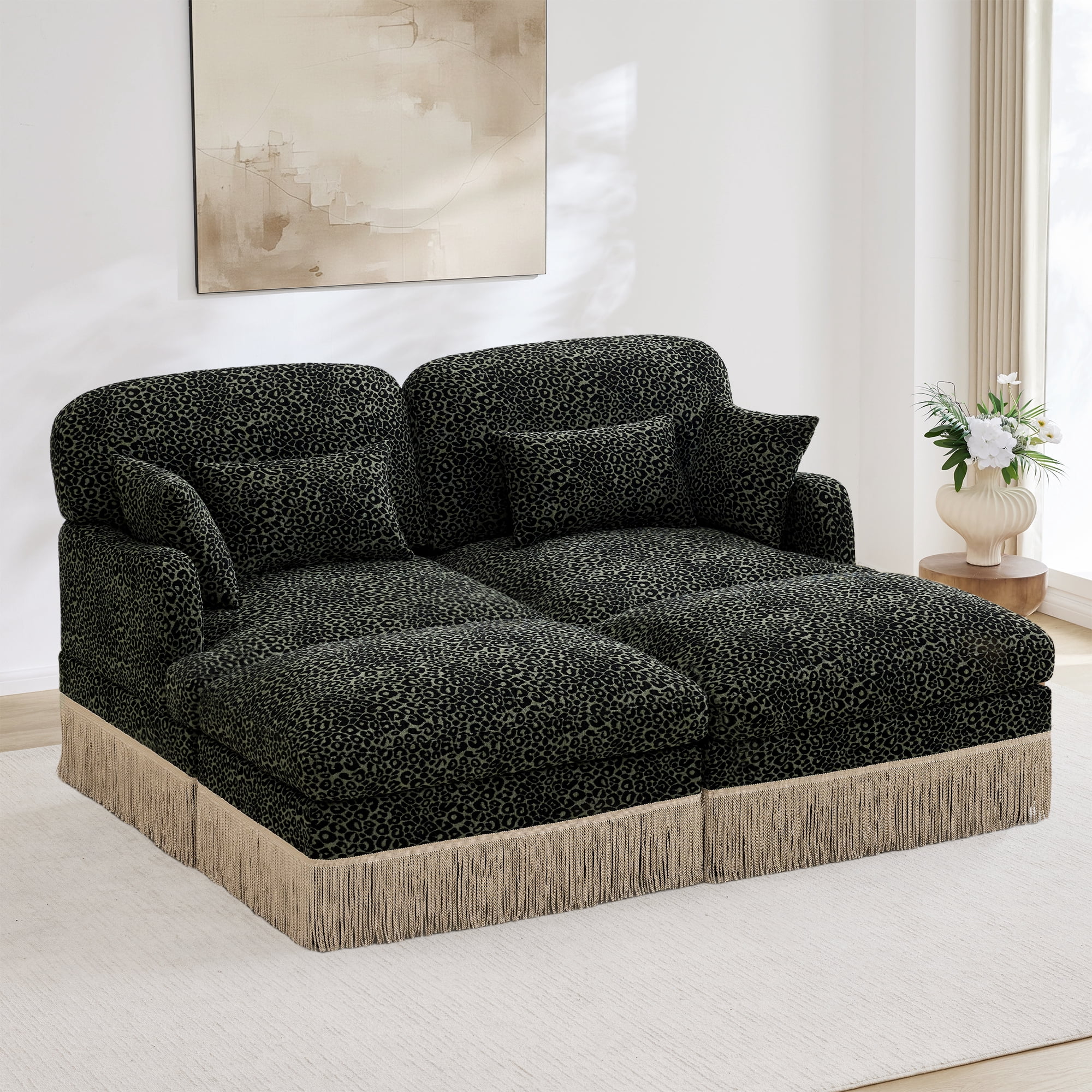69" Chenille Leopard Tassel Deep Seat Loveseat Sofa Couch with 2 Ottoman and 4 Throw Pillows