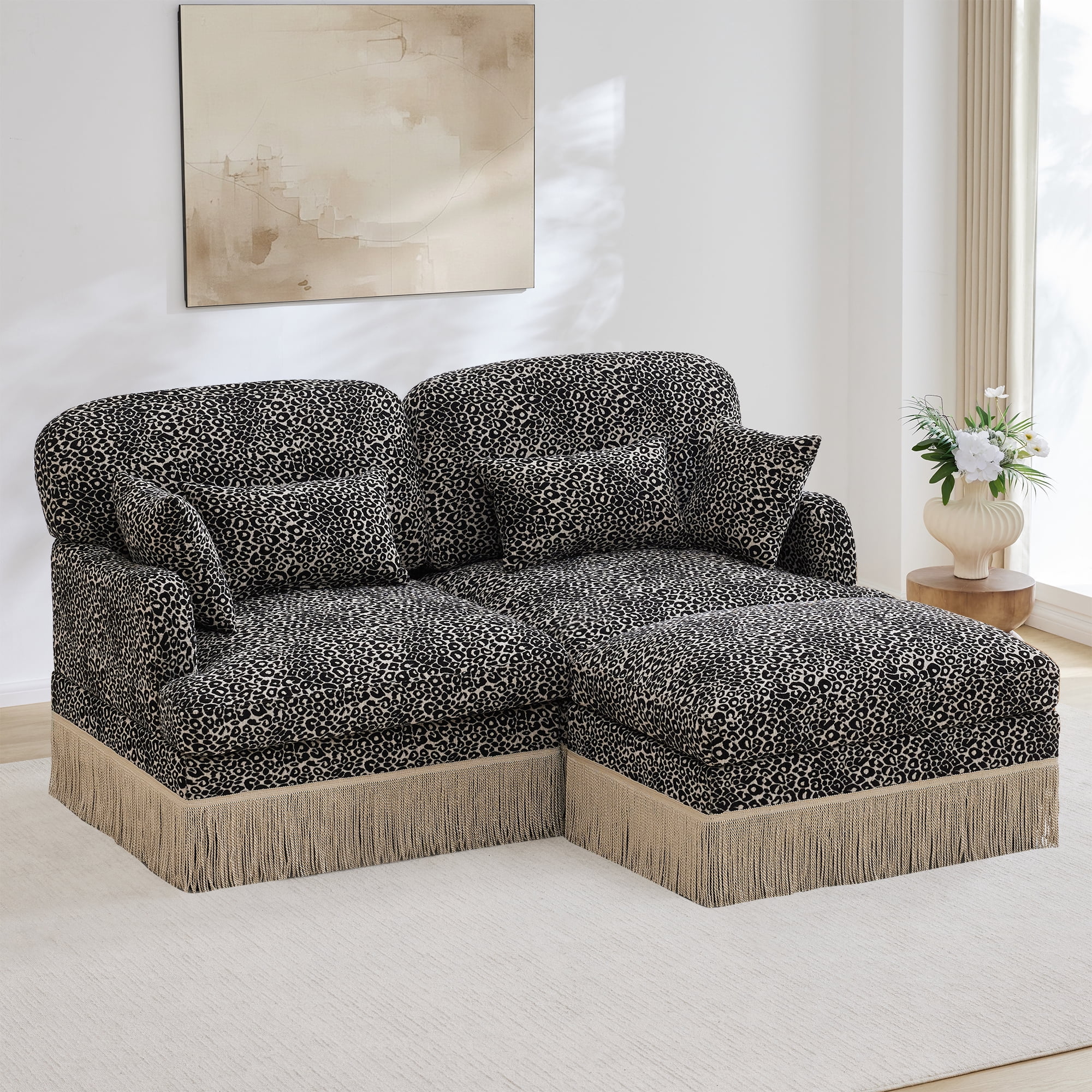 69" Chenille Leopard Tassel Deep Seat Loveseat Sofa Couch with Ottoman and 4 Throw Pillows