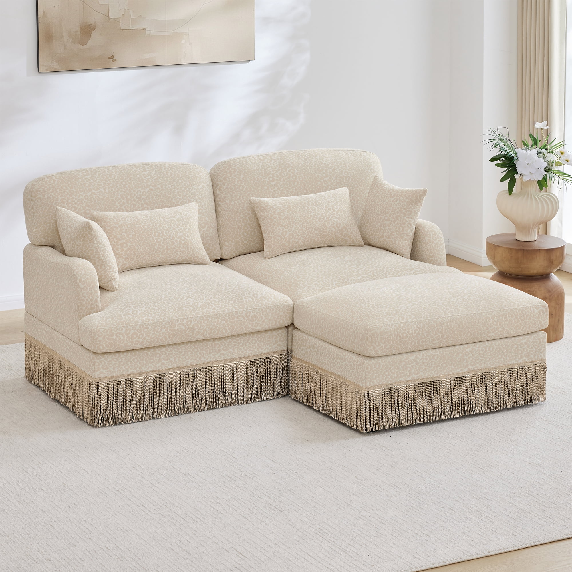 69" Chenille Leopard Tassel Deep Seat Loveseat Sofa Couch with Ottoman and 4 Throw Pillows