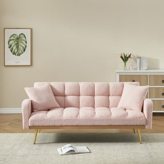 69" Convertible Sofa Bed with Adjustable Backrest, Compact Teddy Fabric Couch for Small Space Living Room or Bedroom, Pink