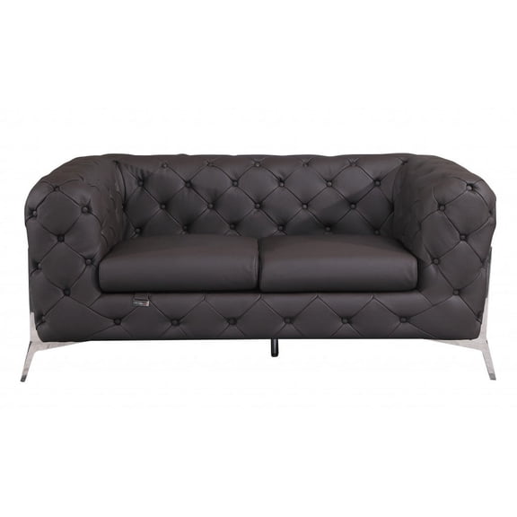 69" Dark Brown Tufted Italian Leather and Chrome Love Seat