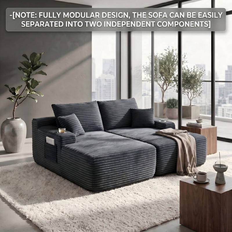 69" Double Chaise Lounge Chair Indoor, Boneless Sofa Bed with Cup Holder Loveseat Sleeper Reading Chairs Comfy Cloud Sofas Couches for Living Room No Assembly Required Plush Corduroy Grey
