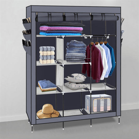 69" Elevated Portable Closet - Heavy Duty Steel Frame with 8 Shelves, High-Leg Design for Robot Vacuums, Dustproof Gray Wardrobe Organizer