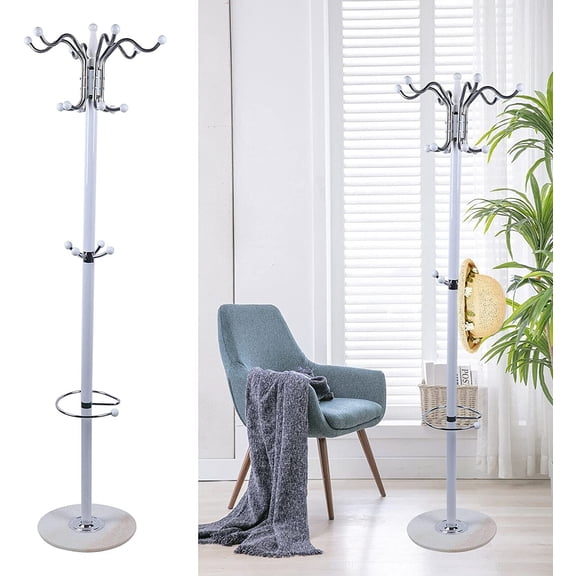 69" Entryway standing Coat Rack Stand Coat Hanger White Marble Base with 16 Hooks, Metal Tree Hat Stand Floor Standing Wall Bedroom Hall Organizer Storage
