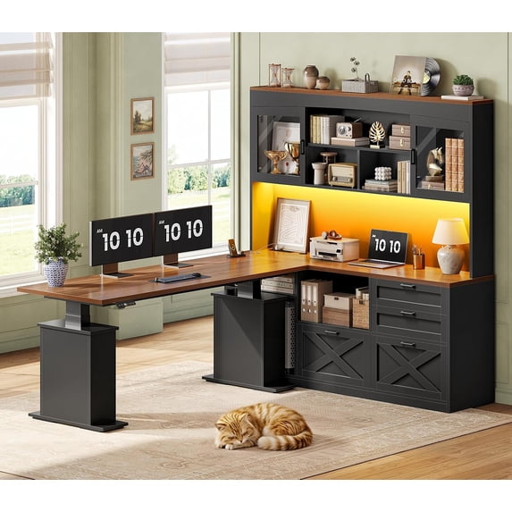 69" Farmhouse L Shaped Standing Desk with 4 Drawers and Detachable Bookshelf, Height Adjustable Computer Desk for Home Office