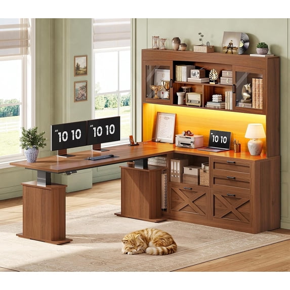 69" Farmhouse L Shaped Standing Desk with 4 Drawers and Detachable Bookshelf, Height Adjustable Computer Desk for Home Office