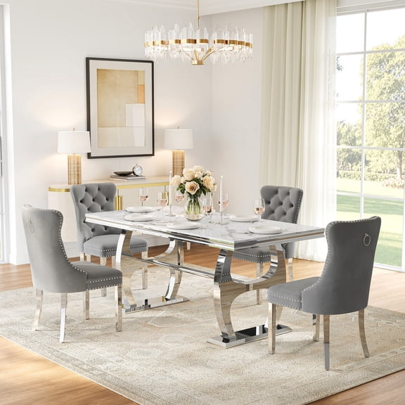 69" Faux Marble Dining Table Set for 4, Rectangular Marble-Patterned Table, 4 Velvet Tufted Upholstered Chairs, Modern Kitchen & Dining Room Furniture