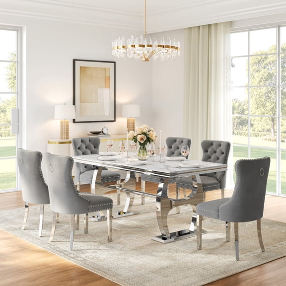 69" Faux Marble Dining Table Set for 6, Rectangular Marble-Patterned Table, 6 Velvet Tufted Upholstered Chairs, Modern Kitchen & Dining Room Furniture