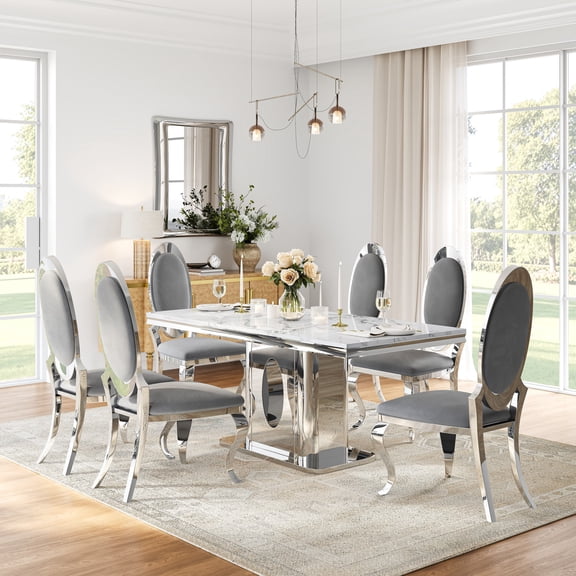 69" Faux Marble Dining Table Set for 6, Modern Polished Stainless Steel Pedestal with 6 Oval High-Back Leather Chairs, Suitable for Kitchen