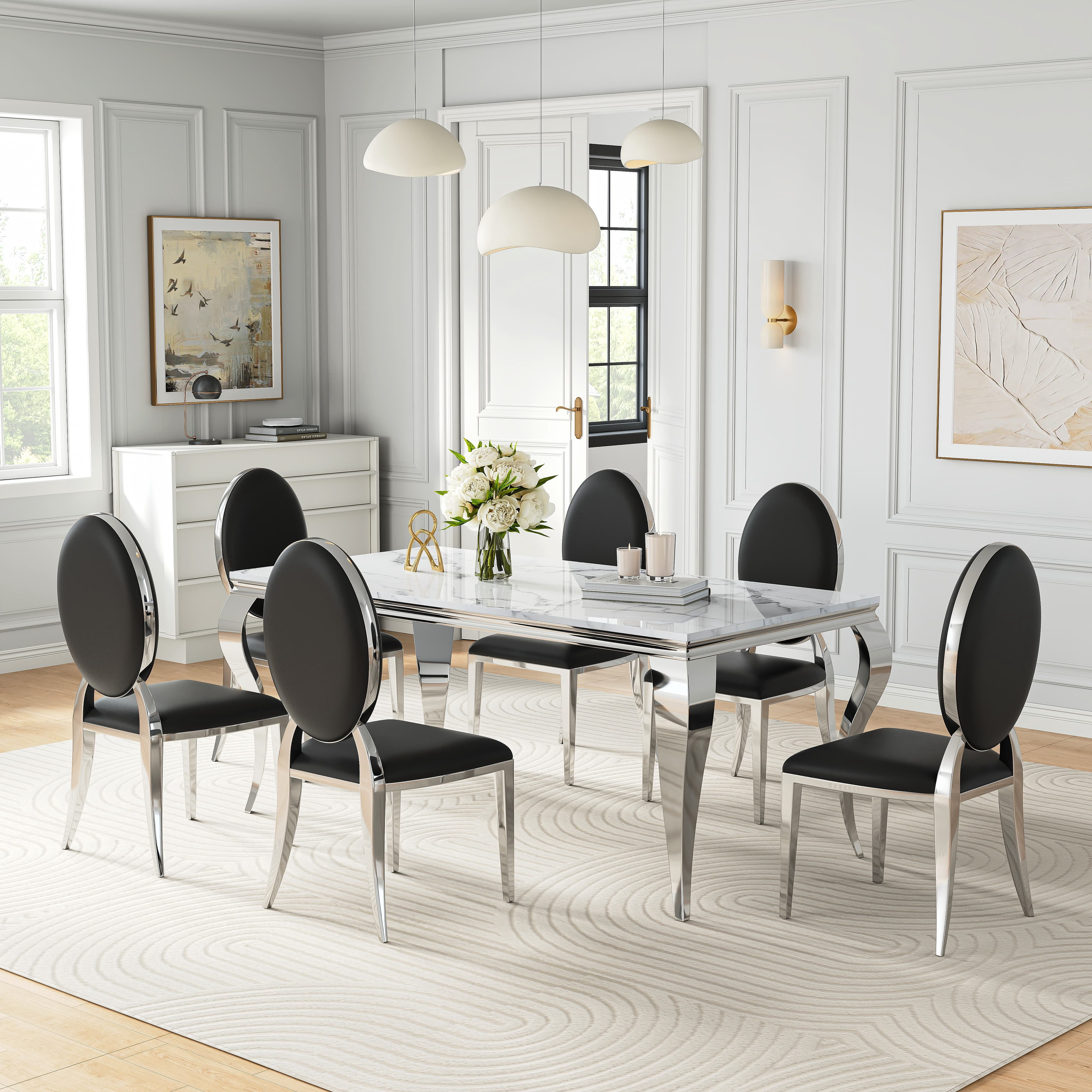 69" Faux Marble Dining Table Set with 6 Leatherette Oval Back Dining ...
