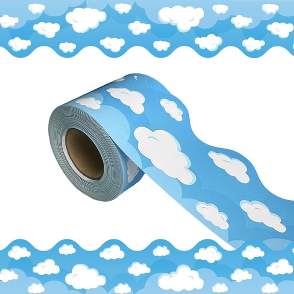 69 Ft Bulletin Board Borders, Straight Rolled Border Trim with Blue Sky Cloud Bulletin Board Decorations Patterns Bulletin Board Borders,for School Classroom Offices Doors Decoration Strips 