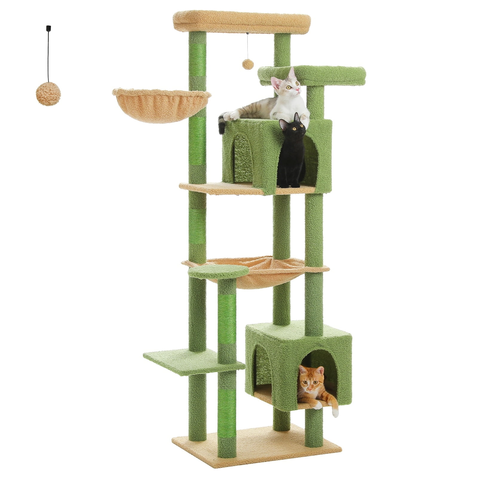 69" Tall Green Sisal and Plush Cat Tree with Hammocks