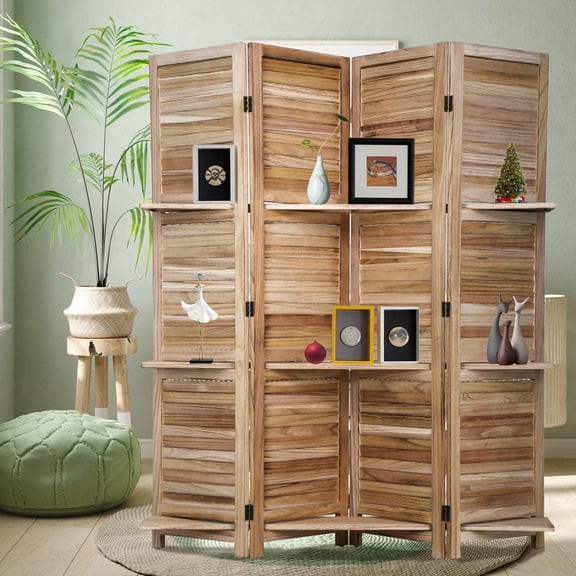 69" H Room Dividers and Folding Privacy Screens, 4 Panel Wooden Room Divider, Partition Room Dividers with 3 Removable Storage Shelves, Portable Room Divider for Home Office Bedroom Divider, Natural