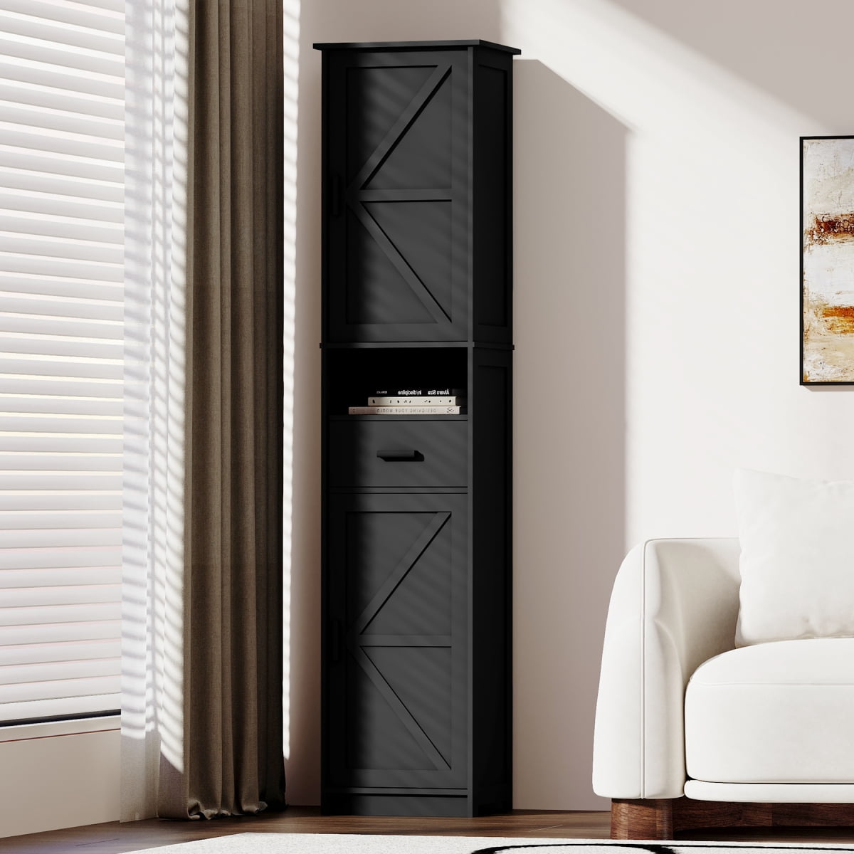 69" H Tall Bathroom Storage Cabinet with 2 Barn Doors and 1 Drawer, Narrow Storage Unit with Adjustable Shelves, Floor Cabinet for Bathroom Living Room Entryway, Black
