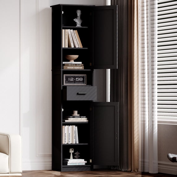 69" H Tall Bathroom Storage Cabinet with 2 Barn Doors and 1 Drawer, Narrow Storage Unit with Adjustable Shelves, Floor Cabinet for Bathroom, Living Room, Entryway, Kitchen, Black