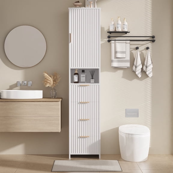 69" H Tall Bathroom Storage Cabinet - 4 Smooth Drawers & 1 Fluted Doors, Adjustable Shelves, Narrow Tall Multi-Purpose, Floor Standing for Bathroom, Laundry, Kitchen (Natural)